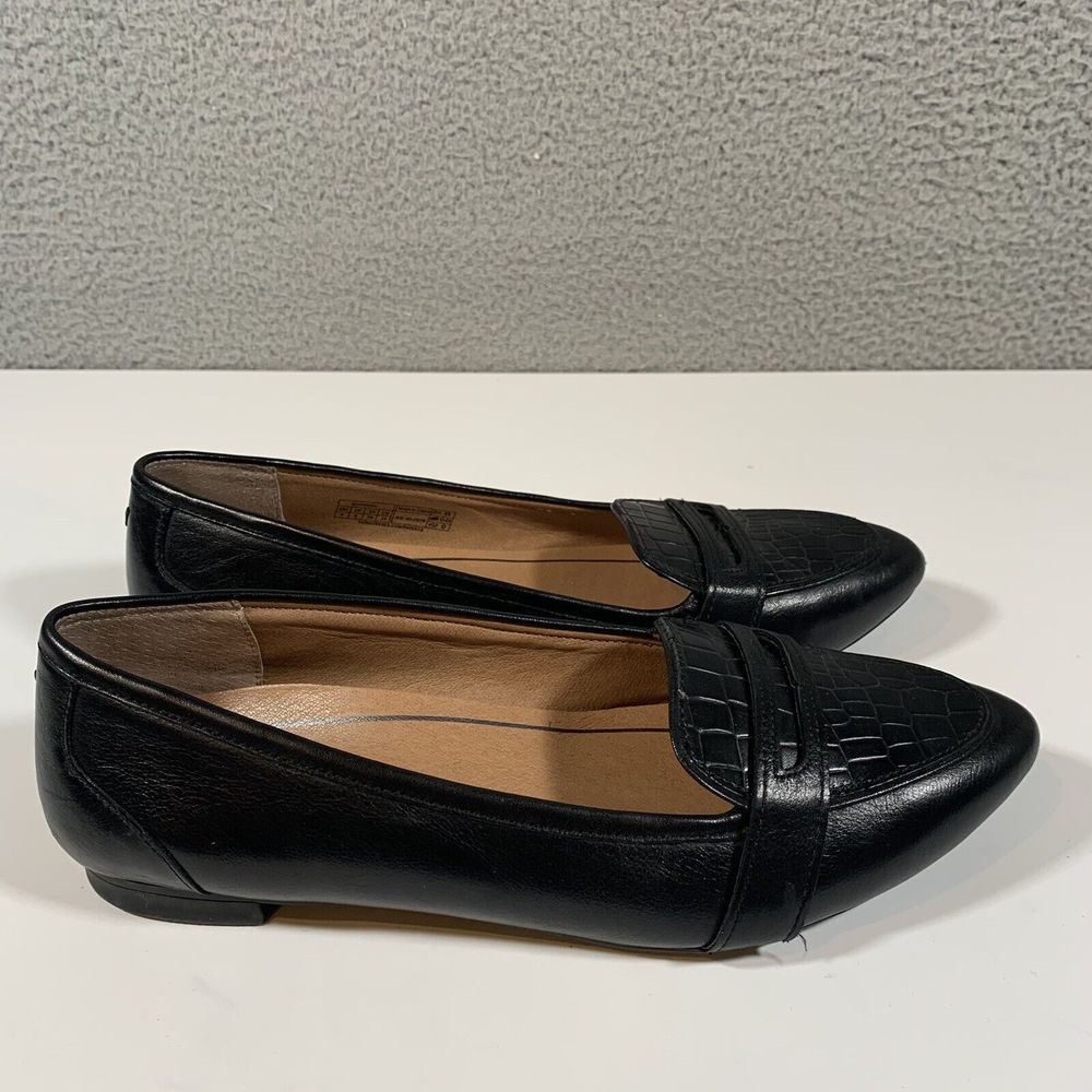 Vionic Savannah Penny Flat Loafers Size 8 Black Croc Embossed Leather Shoes